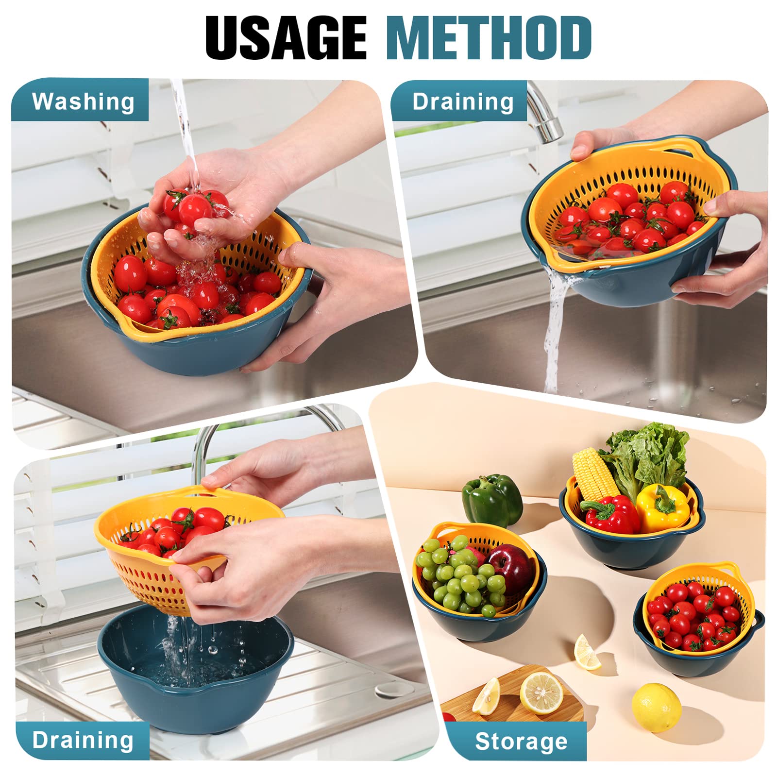 Lrecnom 6 Pieces Colander With Bowl, Food Strainer For Pasta Veggies And Fruits, Bpa Free, Dishwasher Safe (Blue)